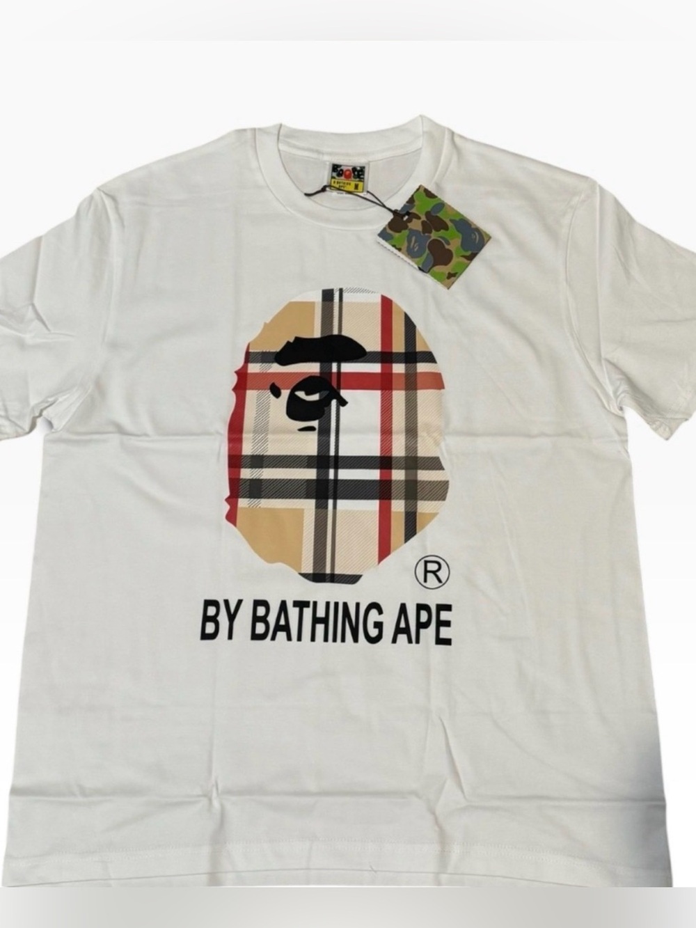 Bape White Tee with Beige Plaid Ape Head Graphic